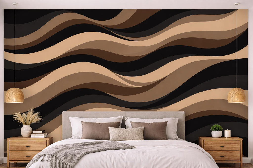 Brown Black Wave Wall Wallpaper, Neutral Abstract Wall Mural, Modern Earth Tone Wall Decor, Peel and Stick or Traditional WAL006