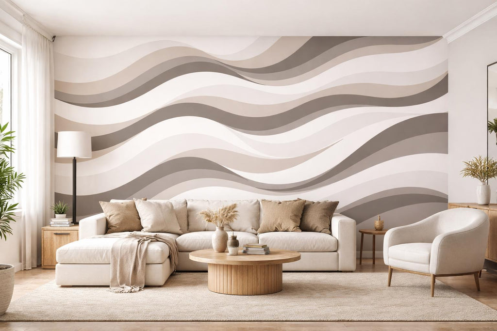 Wallpaper Beige Neutral Abstract Waves Wall Mural, Minimal Removable Wallpaper, Modern Wall Decor Peel and Stick and Non Woven WAL007