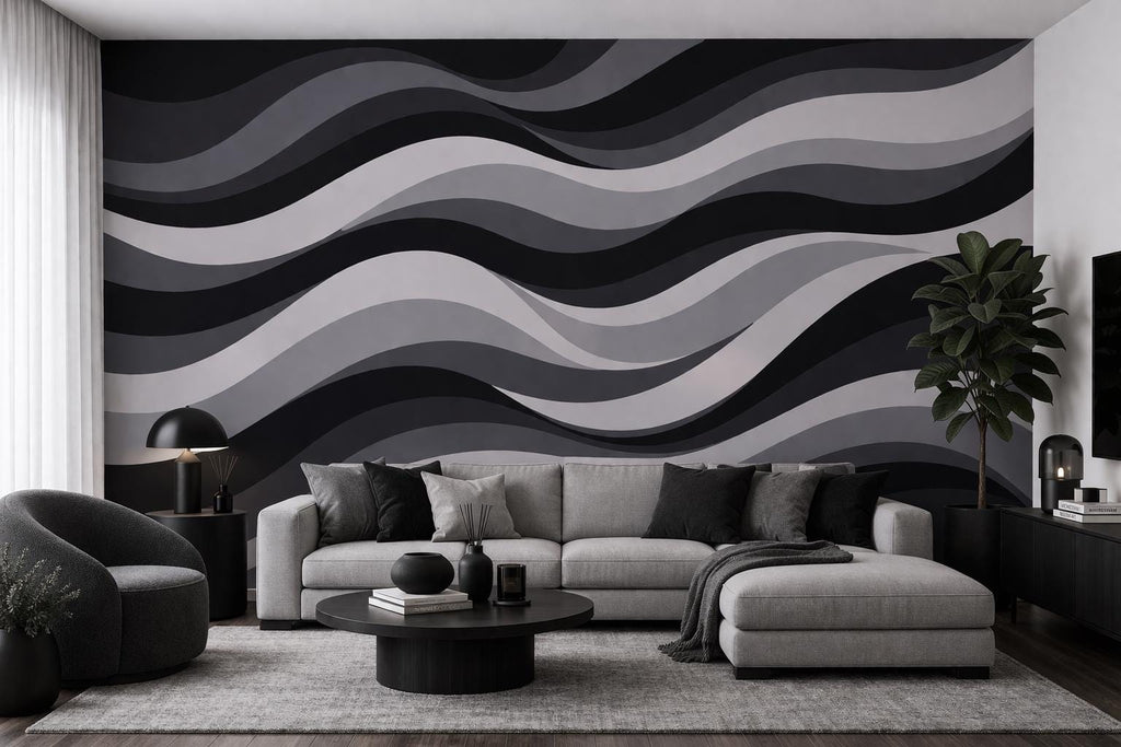Wallpaper Black Grey Abstract Waves Wall Mural, Modern Removable Wallpaper, Minimalist Wall Decor Peel and Stick and Non Woven WAL008