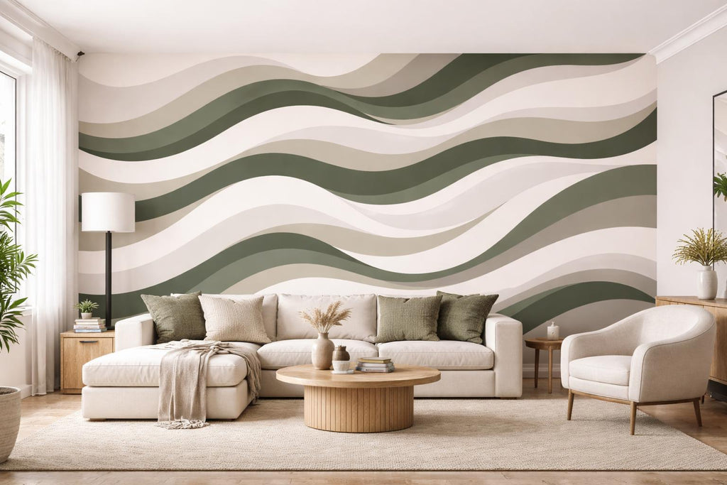 Wallpaper Green Neutral Abstract Waves Wall Mural, Removable Wallpaper Modern Wavy Pattern Wall Decor Peel and Stick, Non Woven WAL010