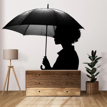 Load image into Gallery viewer, Umbrella Wall Decal, Woman Silhouette Sticker, Rain Wall Art, Black White Wall Decor, Modern Bedroom Sticker, Minimalist Wall Mural, 152gm