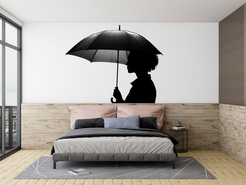 Umbrella Wall Decal, Woman Silhouette Sticker, Rain Wall Art, Black White Wall Decor, Modern Bedroom Sticker, Minimalist Wall Mural, 152gm