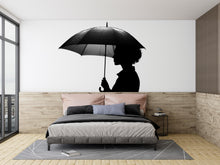 Load image into Gallery viewer, Umbrella Wall Decal, Woman Silhouette Sticker, Rain Wall Art, Black White Wall Decor, Modern Bedroom Sticker, Minimalist Wall Mural, 152gm
