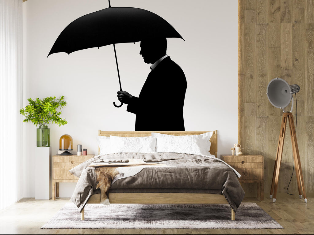 Man Umbrella Wall Decal, Silhouette Wall Sticker, Black Umbrella Wall Art, Minimalist Bedroom Decor, Modern Mural, Moody Home Decor, 153gm