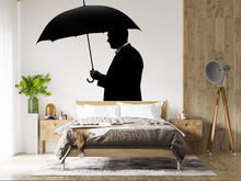 Load image into Gallery viewer, Man Umbrella Wall Decal, Silhouette Wall Sticker, Black Umbrella Wall Art, Minimalist Bedroom Decor, Modern Mural, Moody Home Decor, 153gm