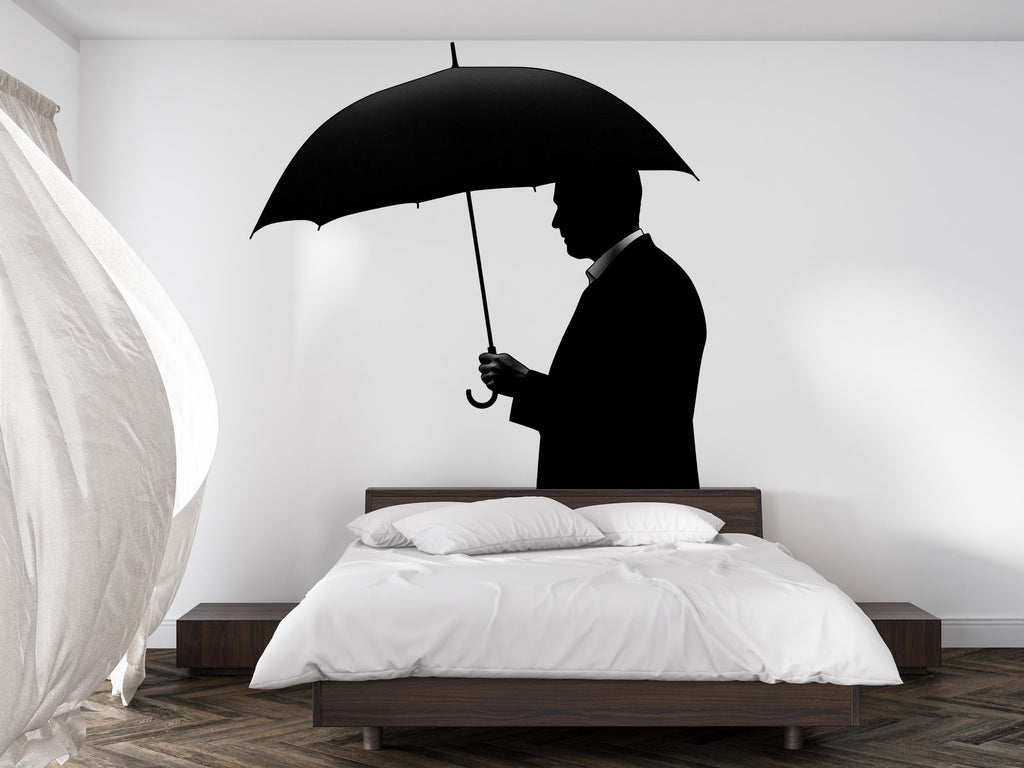 Man Umbrella Wall Decal, Silhouette Wall Sticker, Black Umbrella Wall Art, Minimalist Bedroom Decor, Modern Mural, Moody Home Decor, 153gm