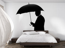 Load image into Gallery viewer, Man Umbrella Wall Decal, Silhouette Wall Sticker, Black Umbrella Wall Art, Minimalist Bedroom Decor, Modern Mural, Moody Home Decor, 153gm