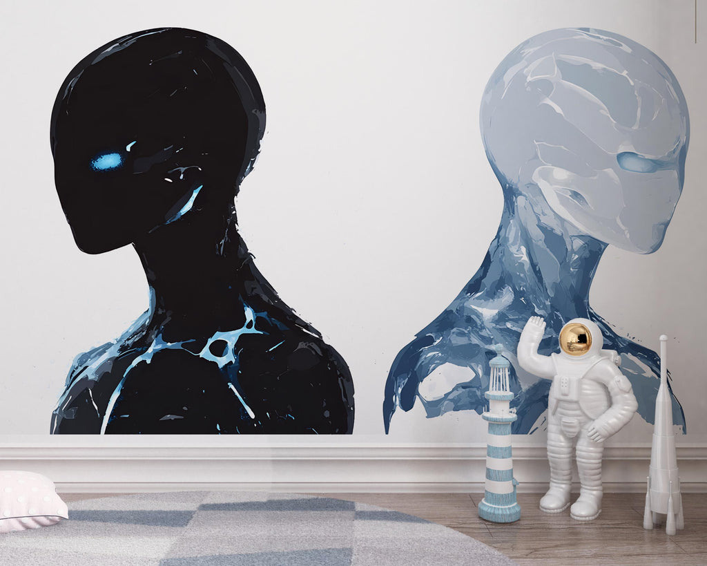 Alien Face Decal Set, Sci Fi Wall Sticker, Futuristic Robot Art, Cyberpunk Wall Decal, Modern Wall Mural, Abstract Space Decor, 155gm