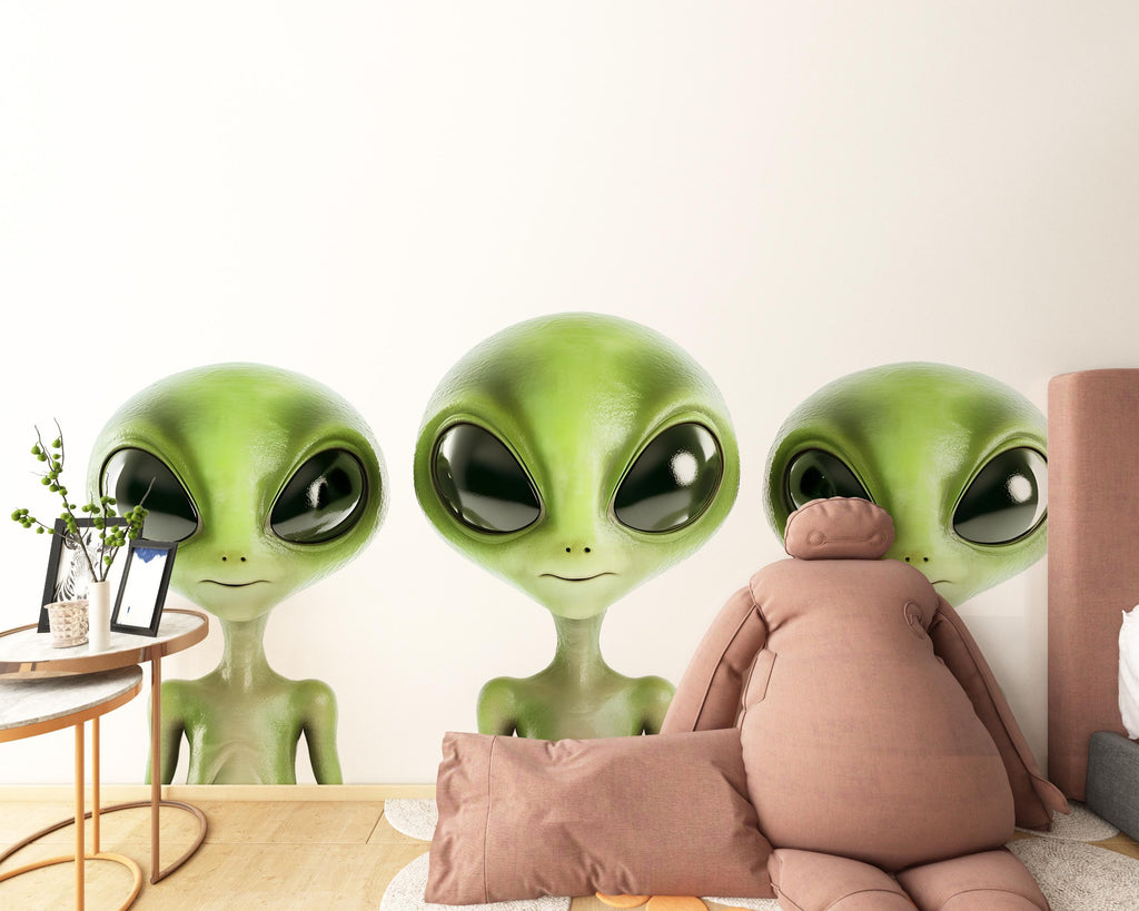 Cute Alien Wall Decal, Kids Room Sticker, Green Alien Wall Art, Space Nursery Decor, UFO Theme Mural, Playroom Wall Decor, 156gm