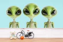 Load image into Gallery viewer, Cute Alien Wall Decal, Kids Room Sticker, Green Alien Wall Art, Space Nursery Decor, UFO Theme Mural, Playroom Wall Decor, 156gm