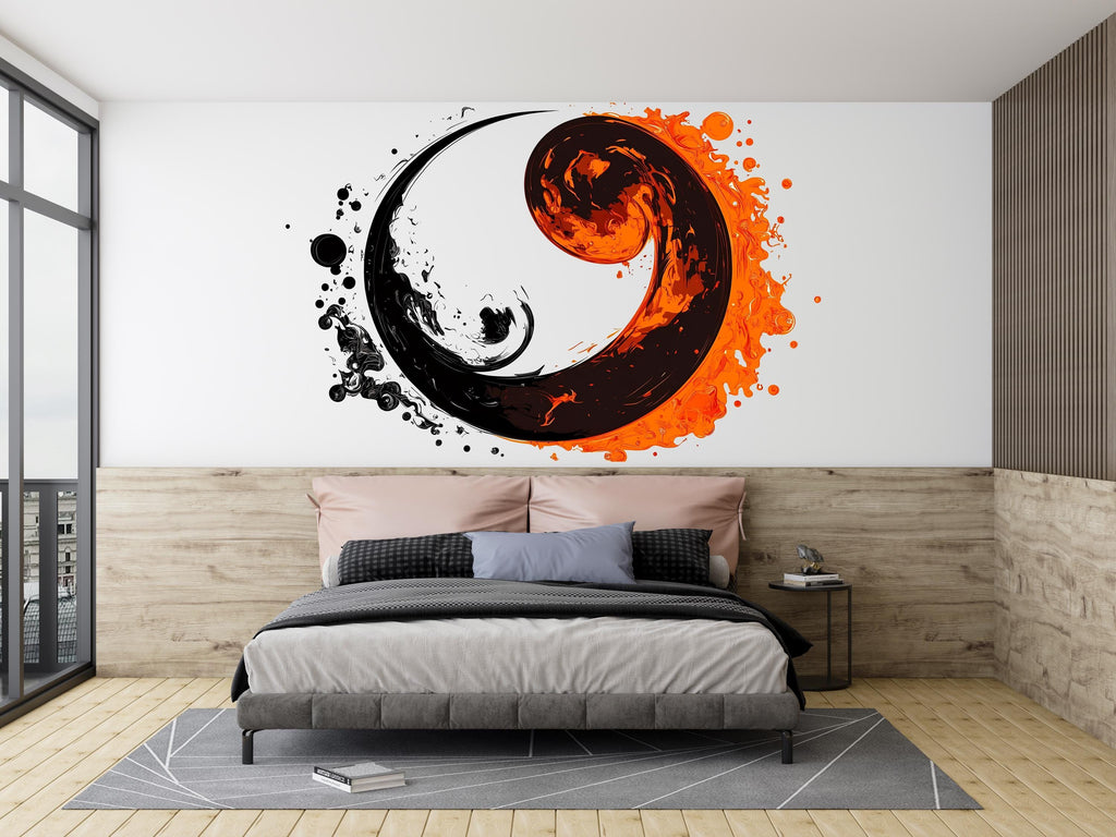 Yin Yang Wall Decal, Fire Water Wall Art, Abstract Zen Sticker, Modern Bedroom Decor, Asian Symbol Mural, Black Orange Wall Decal, 158gm