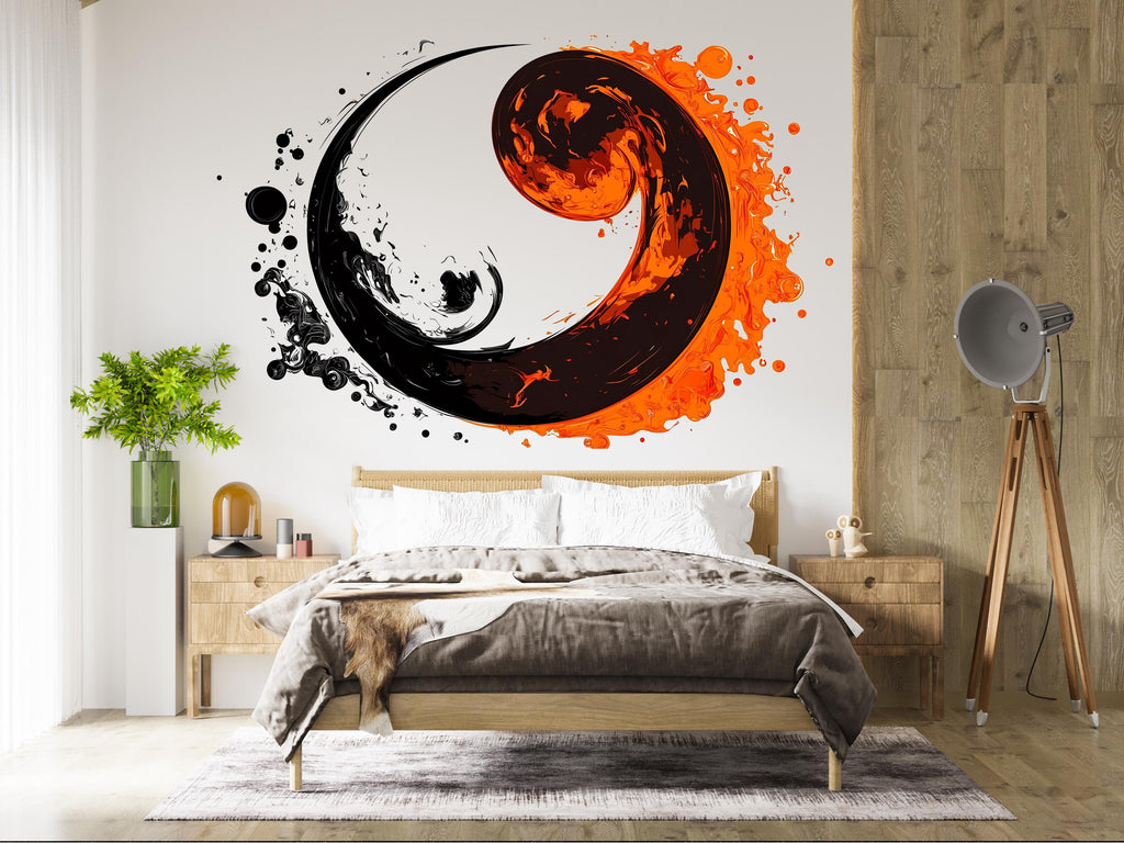 Yin Yang Wall Decal, Fire Water Wall Art, Abstract Zen Sticker, Modern Bedroom Decor, Asian Symbol Mural, Black Orange Wall Decal, 158gm
