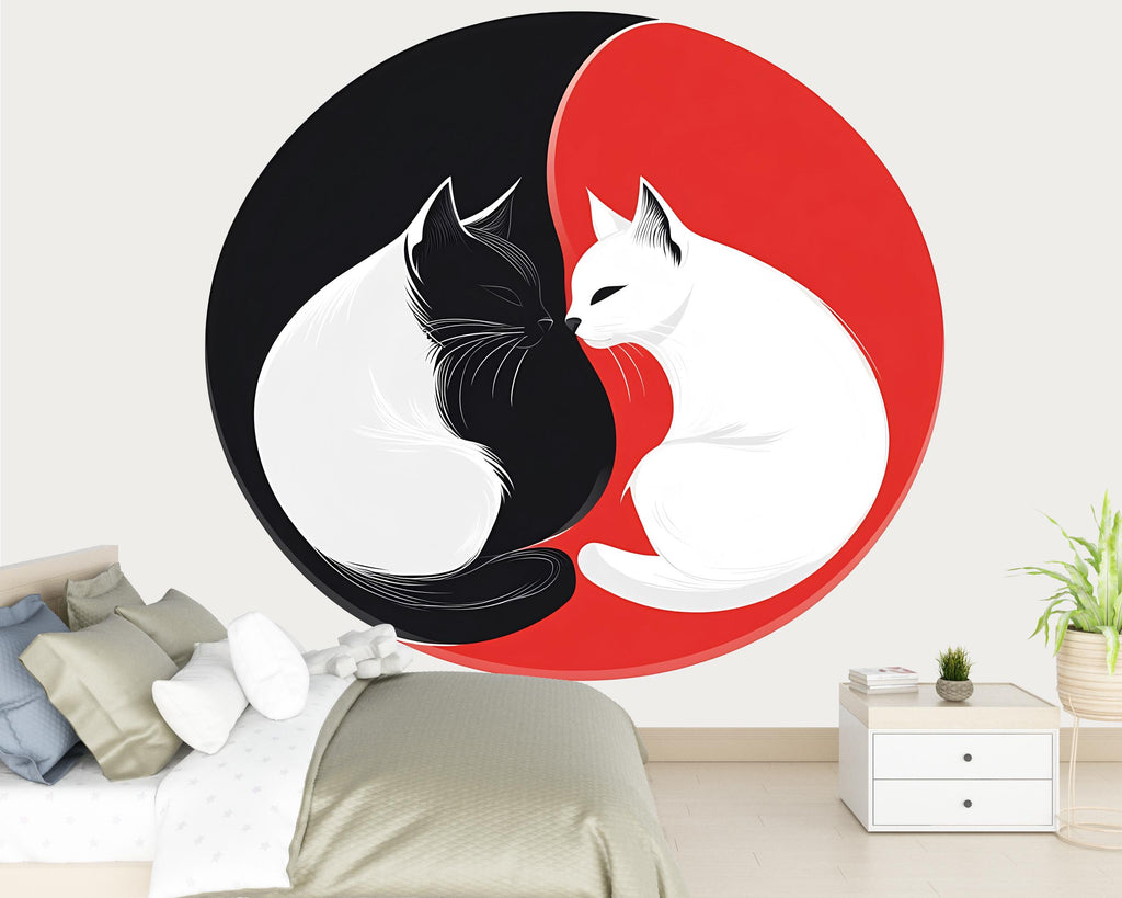 Yin Yang Cat Wall Decal, Black White Cat Sticker, Cat Wall Art, Modern Pet Decor, Zen Animal Mural, Bedroom Wall Decor, 159gm