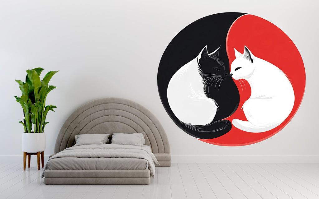 Yin Yang Cat Wall Decal, Black White Cat Sticker, Cat Wall Art, Modern Pet Decor, Zen Animal Mural, Bedroom Wall Decor, 159gm