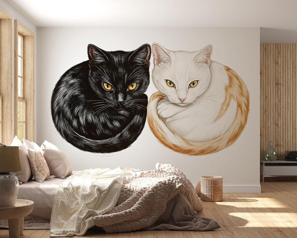 Black White Cat Wall Decal, Cat Pair Wall Sticker, Cat Wall Art, Cozy Bedroom Decor, Modern Pet Mural, Cat Lover Room Decor, 160gm
