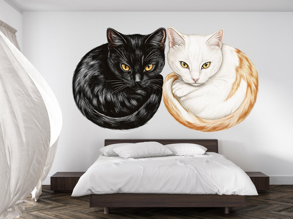 Black White Cat Wall Decal, Cat Pair Wall Sticker, Cat Wall Art, Cozy Bedroom Decor, Modern Pet Mural, Cat Lover Room Decor, 160gm