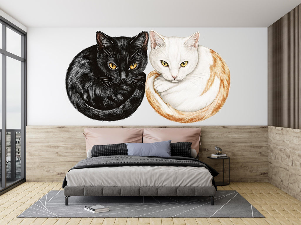 Black White Cat Wall Decal, Cat Pair Wall Sticker, Cat Wall Art, Cozy Bedroom Decor, Modern Pet Mural, Cat Lover Room Decor, 160gm