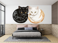 Load image into Gallery viewer, Black White Cat Wall Decal, Cat Pair Wall Sticker, Cat Wall Art, Cozy Bedroom Decor, Modern Pet Mural, Cat Lover Room Decor, 160gm