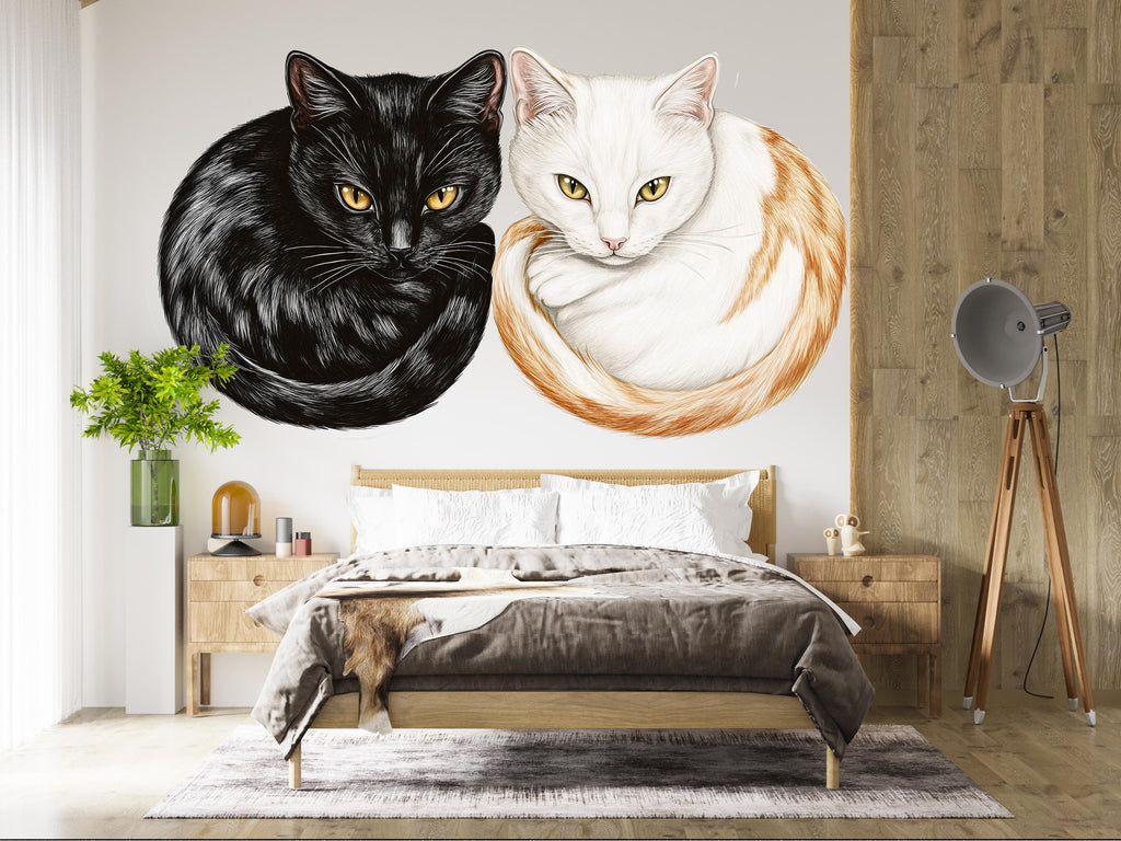 Black White Cat Wall Decal, Cat Pair Wall Sticker, Cat Wall Art, Cozy Bedroom Decor, Modern Pet Mural, Cat Lover Room Decor, 160gm