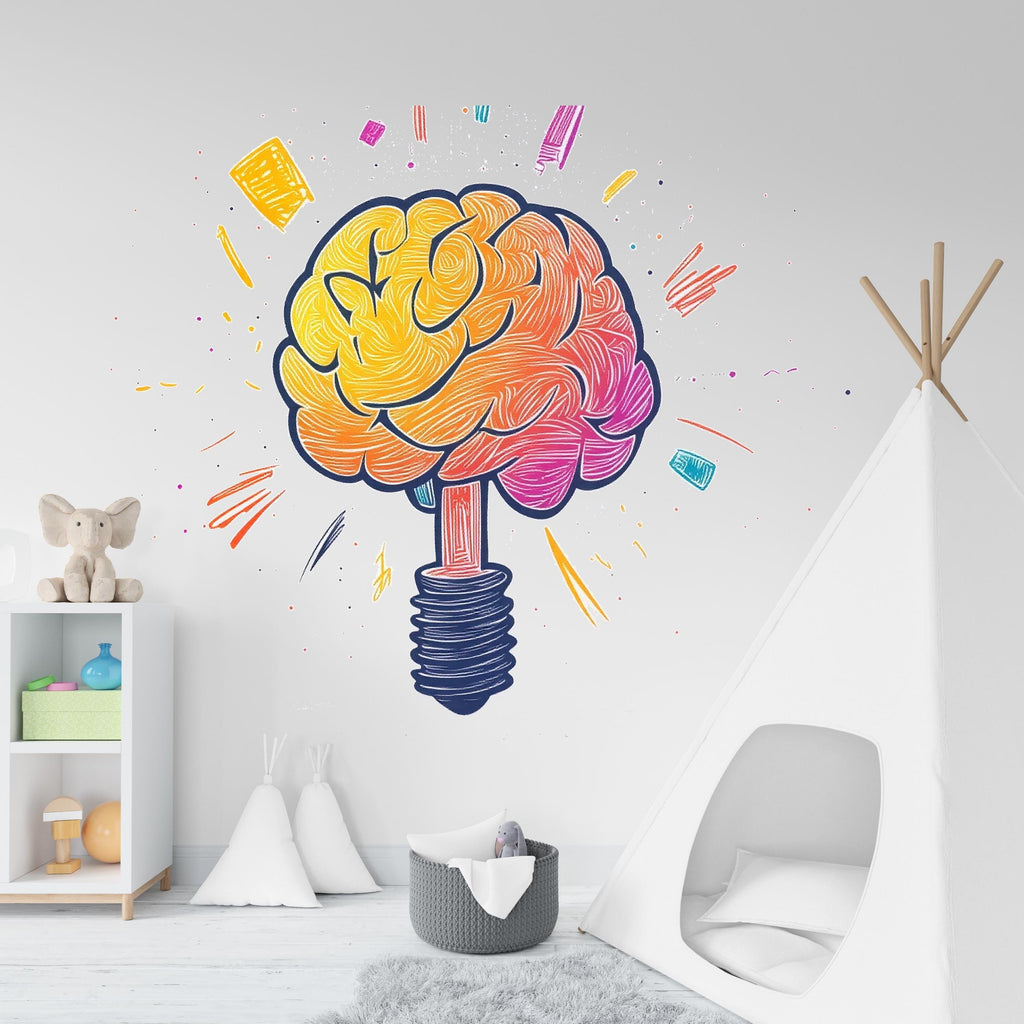 Colorful Brain Light Bulb Wall Decal, Creative Mind Sticker, Kids Room Wall Art, Classroom Decor, Study Room Mural, 164gm