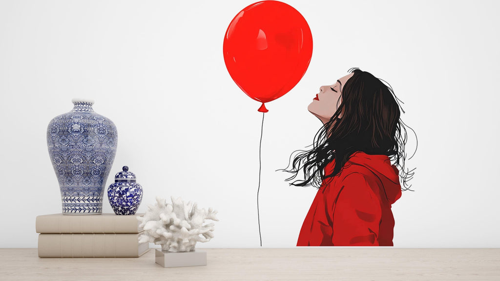 Red Balloon Girl Wall Decal, Modern Woman Sticker, Fashion Wall Art, Minimal Wall Decor, Bedroom Wall Sticker, 165gm