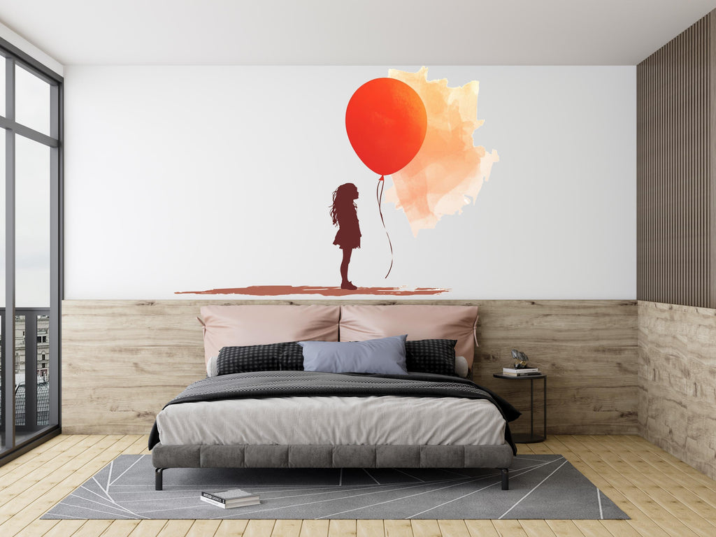 Girl With Red Balloon Wall Decal, Watercolor Wall Sticker, Bedroom Wall Art, Nursery Decor, Minimalist Girl Silhouette, 167gm