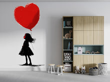Load image into Gallery viewer, Girl With Heart Balloon Wall Decal, Red Heart Sticker, Kids Room Wall Art, Nursery Decor, Silhouette Wall Decal, 168gm