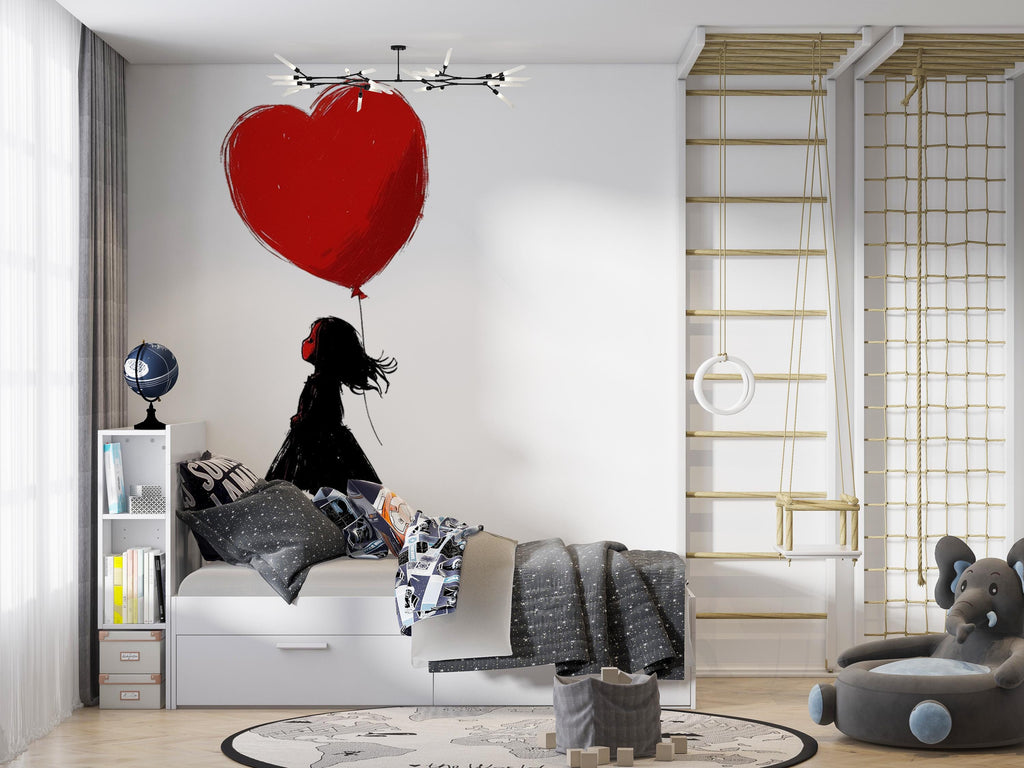 Girl With Heart Balloon Wall Decal, Red Heart Sticker, Kids Room Wall Art, Nursery Decor, Silhouette Wall Decal, 168gm