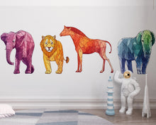 Load image into Gallery viewer, Geometric Safari Wall Decals, Elephant Lion Horse Stickers, Kids Room Animal Wall Art, Nursery Decor, Polygon Wall Decal, 169gm