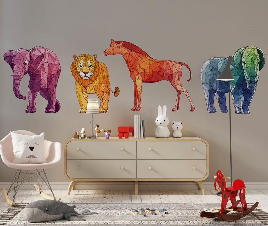 Geometric Safari Wall Decals, Elephant Lion Horse Stickers, Kids Room Animal Wall Art, Nursery Decor, Polygon Wall Decal, 169gm