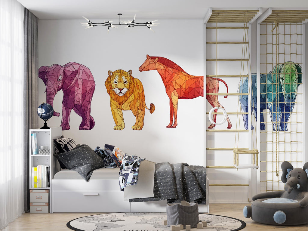 Geometric Safari Wall Decals, Elephant Lion Horse Stickers, Kids Room Animal Wall Art, Nursery Decor, Polygon Wall Decal, 169gm