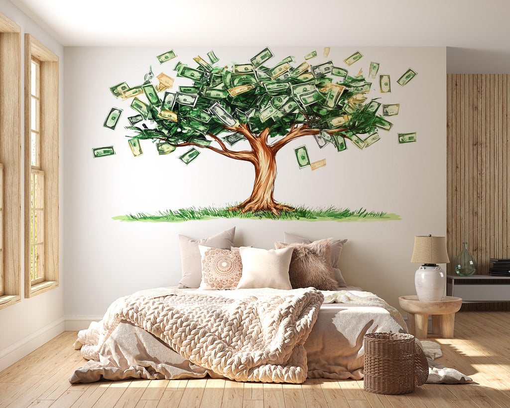 Money Tree Wall Decal, Dollar Bill Tree Sticker, Wealth Wall Art, Office Wall Decor, Finance Mural, Success Room Decor, 174gm