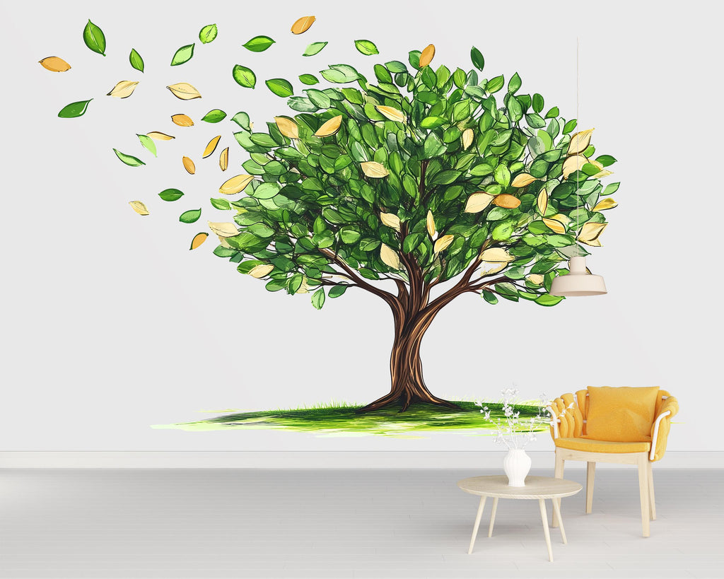 Green Tree Wall Decal, Nature Wall Sticker, Watercolor Tree Mural, Living Room Wall Art, Botanical Decor, Leaf Wall Decal, 176gm