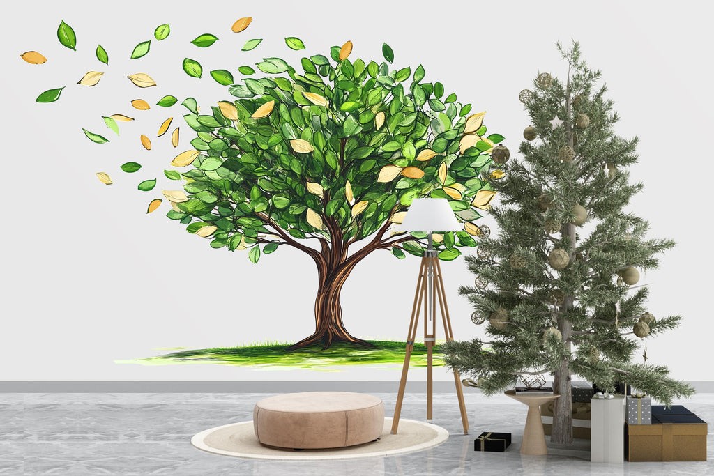 Green Tree Wall Decal, Nature Wall Sticker, Watercolor Tree Mural, Living Room Wall Art, Botanical Decor, Leaf Wall Decal, 176gm
