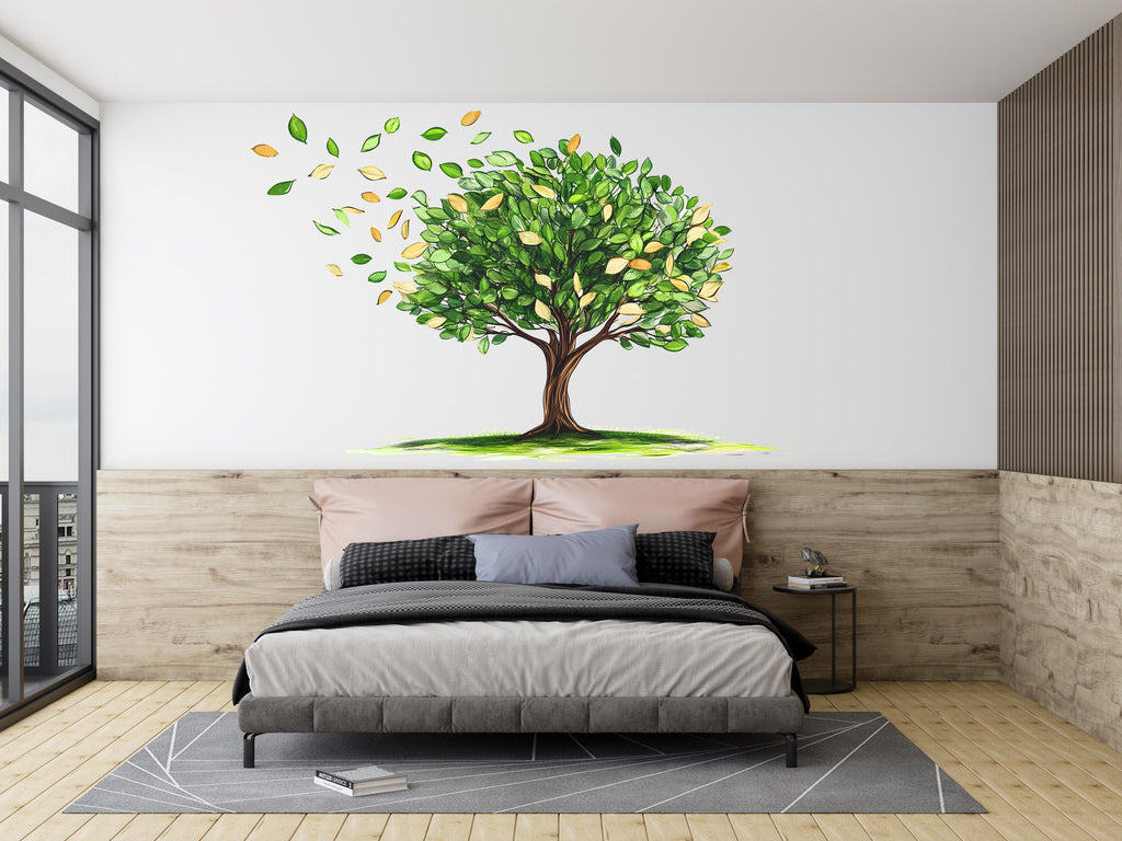 Green Tree Wall Decal, Nature Wall Sticker, Watercolor Tree Mural, Living Room Wall Art, Botanical Decor, Leaf Wall Decal, 176gm