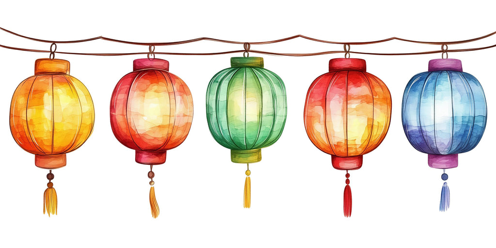 Watercolor Lantern Wall Decal, Chinese Lantern Sticker, Colorful Hanging Lanterns, Asian Decor, Festival Wall Art, 177gm