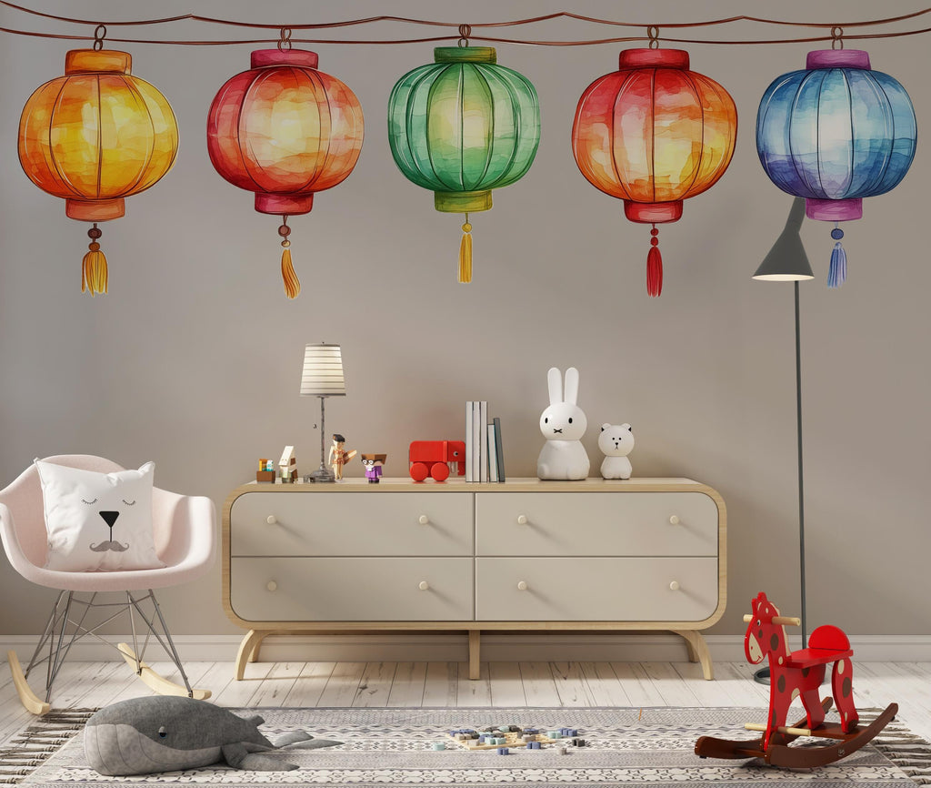 Watercolor Lantern Wall Decal, Chinese Lantern Sticker, Colorful Hanging Lanterns, Asian Decor, Festival Wall Art, 177gm