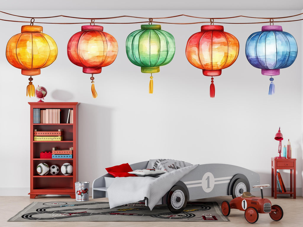 Watercolor Lantern Wall Decal, Chinese Lantern Sticker, Colorful Hanging Lanterns, Asian Decor, Festival Wall Art, 177gm