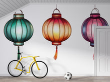 Load image into Gallery viewer, Colorful Lantern Wall Decal, Watercolor Hanging Lanterns, Asian Wall Sticker, Bedroom Wall Art, Festival Decor, Boho Mural, 178gm