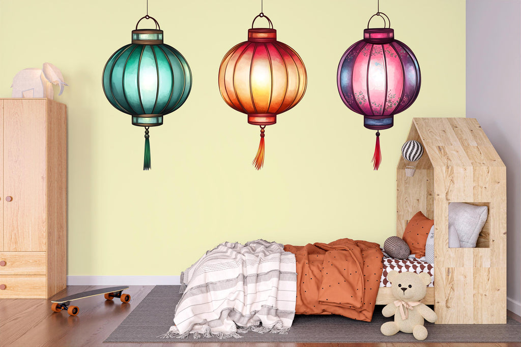 Colorful Lantern Wall Decal, Watercolor Hanging Lanterns, Asian Wall Sticker, Bedroom Wall Art, Festival Decor, Boho Mural, 178gm