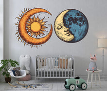 Load image into Gallery viewer, Sun Moon Wall Decal, Celestial Wall Sticker, Boho Bedroom Wall Art, Mystic Sun Moon Decor, Astrology Wall Mural, 179gm