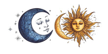 Load image into Gallery viewer, Sun Moon Wall Decal Set, Celestial Wall Sticker, Boho Wall Art, Astrology Decor, Mystic Sun Moon Mural, Bedroom Decor, 180gm
