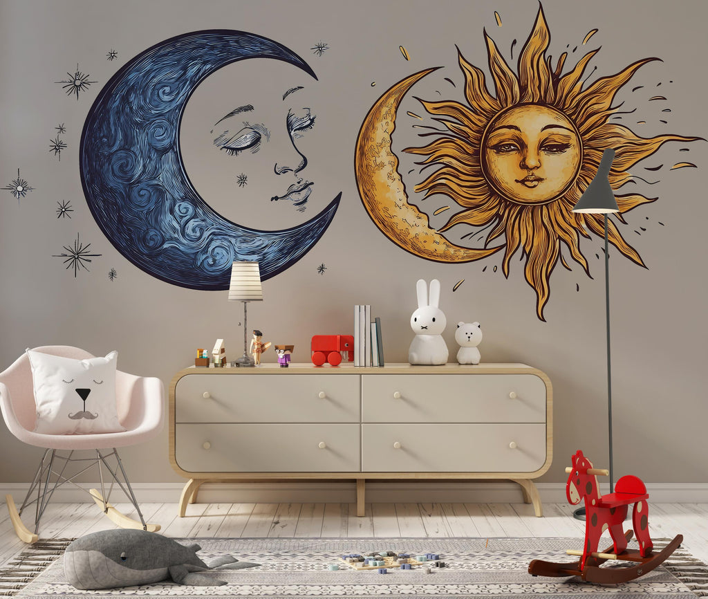 Sun Moon Wall Decal Set, Celestial Wall Sticker, Boho Wall Art, Astrology Decor, Mystic Sun Moon Mural, Bedroom Decor, 180gm