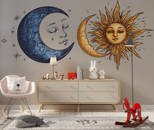 Load image into Gallery viewer, Sun Moon Wall Decal Set, Celestial Wall Sticker, Boho Wall Art, Astrology Decor, Mystic Sun Moon Mural, Bedroom Decor, 180gm