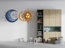 Load image into Gallery viewer, Sun Moon Wall Decal Set, Celestial Wall Sticker, Boho Wall Art, Astrology Decor, Mystic Sun Moon Mural, Bedroom Decor, 180gm