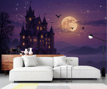Load image into Gallery viewer, Enchanted Moonlit Castle Panoramic Wallpaper, Mystical Fantasy Castle Wall Mural, Twilight Castle decor, Magical, Wisteria Fantasy Decor