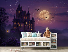Load image into Gallery viewer, Enchanted Moonlit Castle Panoramic Wallpaper, Mystical Fantasy Castle Wall Mural, Twilight Castle decor, Magical, Wisteria Fantasy Decor