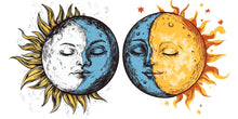 Load image into Gallery viewer, Sun Moon Wall Decal Set, Celestial Wall Sticker, Boho Bedroom Wall Art, Astrology Decor, Mystic Sun Moon Mural, Lunar Solar Decor, 181gm