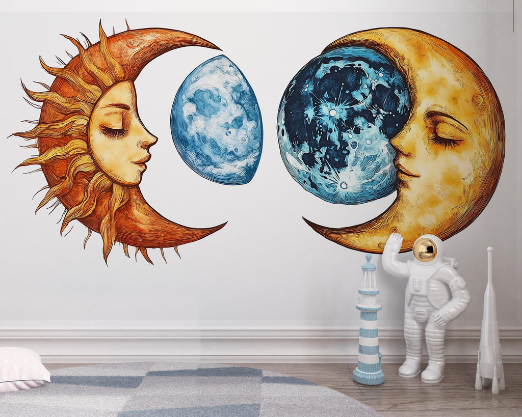 Sun Moon Wall Decal Set, Celestial Wall Sticker, Boho Wall Art, Astrology Decor, Mystic Moon Sun Mural, Cosmic Bedroom Decor, 182gm