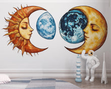 Load image into Gallery viewer, Sun Moon Wall Decal Set, Celestial Wall Sticker, Boho Wall Art, Astrology Decor, Mystic Moon Sun Mural, Cosmic Bedroom Decor, 182gm